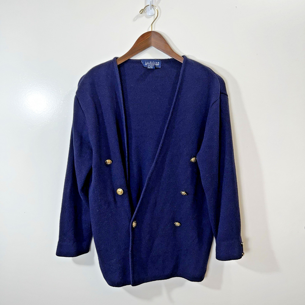 Nordstroms Women’s Wool Cardigan Sz M Navy Blue Gold Old Money Quiet Luxury Warm
